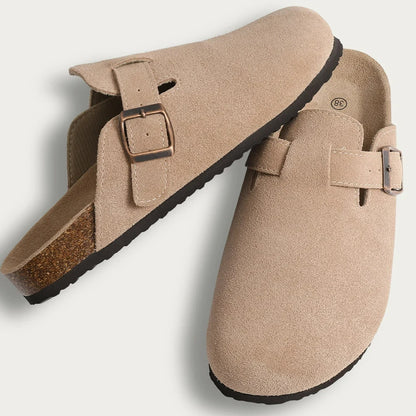 Apricot Bali Clogs, featuring premium suede and comfortable cork soles, perfect for casual everyday wear.