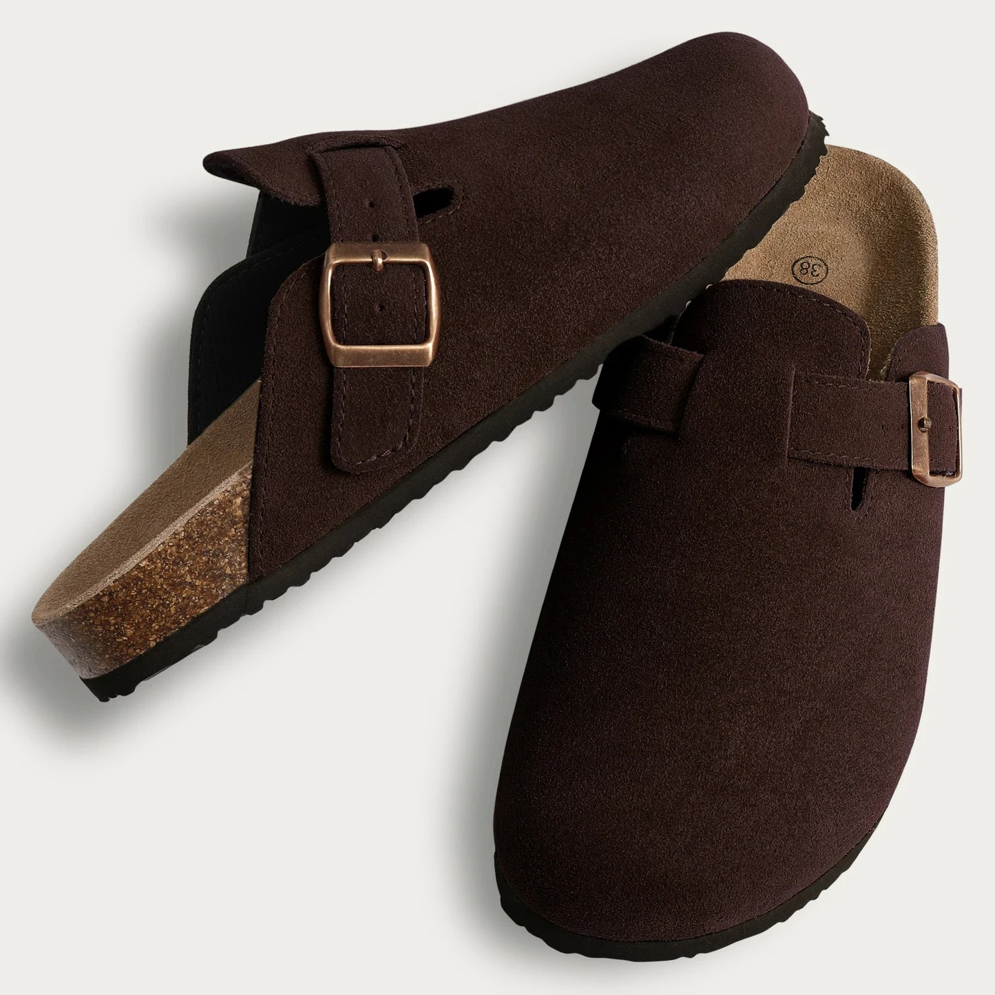 Brownie brown Bali Clogs in premium suede with a comfortable cork sole, offering a warm and stylish look for everyday wear.