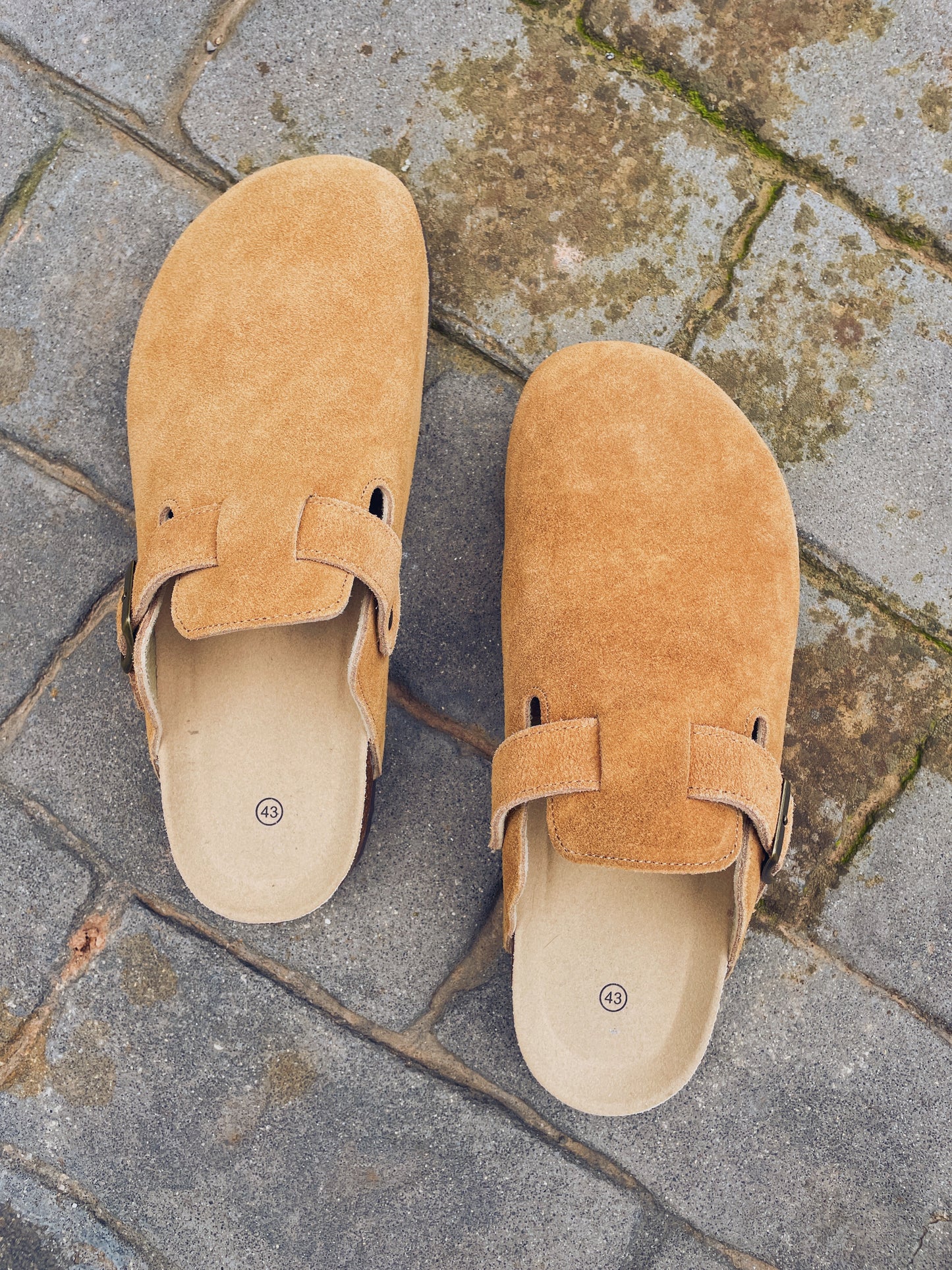 Camel Bali Clogs in premium suede with a comfortable cork sole, designed for casual style and everyday comfort