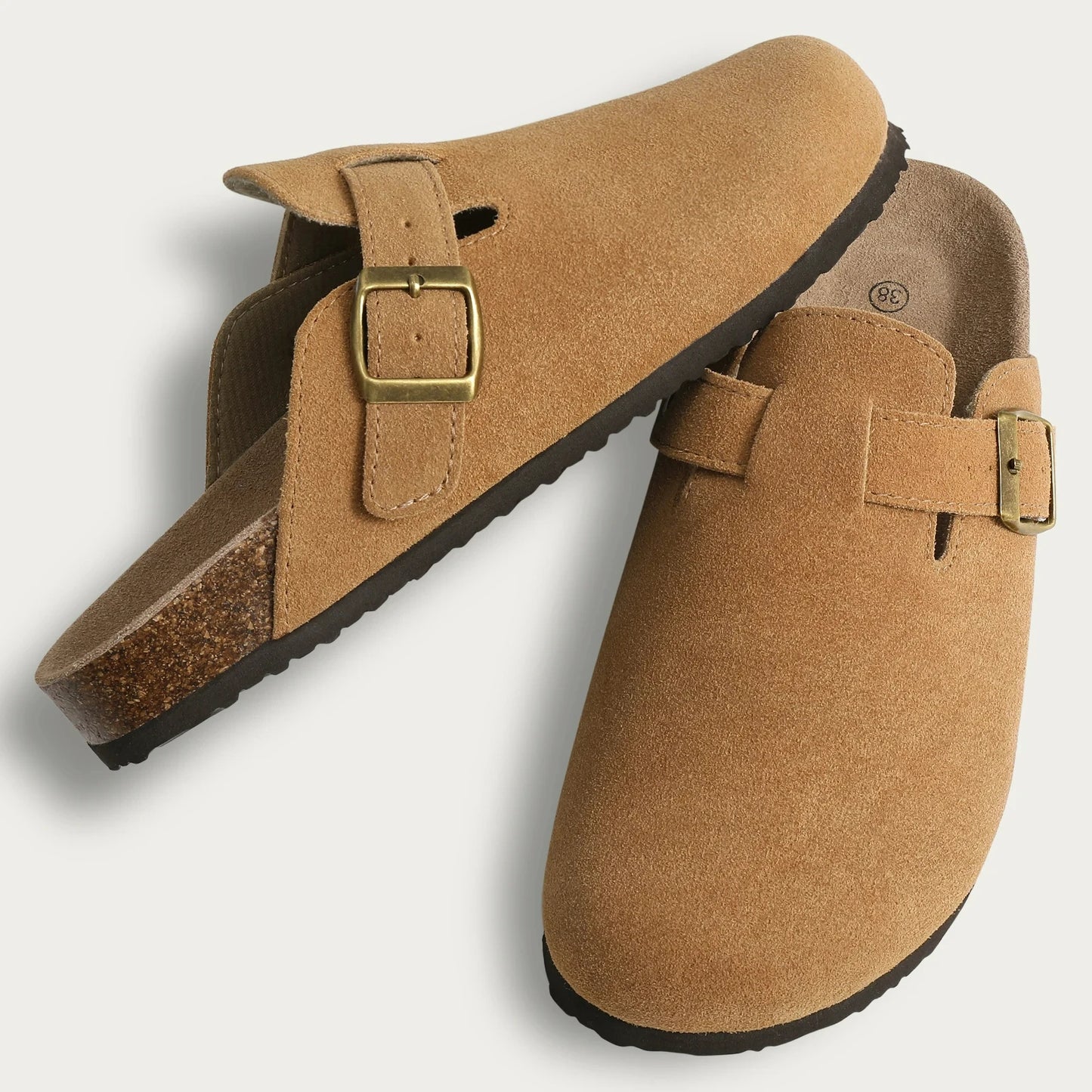 Camel Bali Clogs in premium suede with a comfortable cork sole, designed for casual style and everyday comfort.