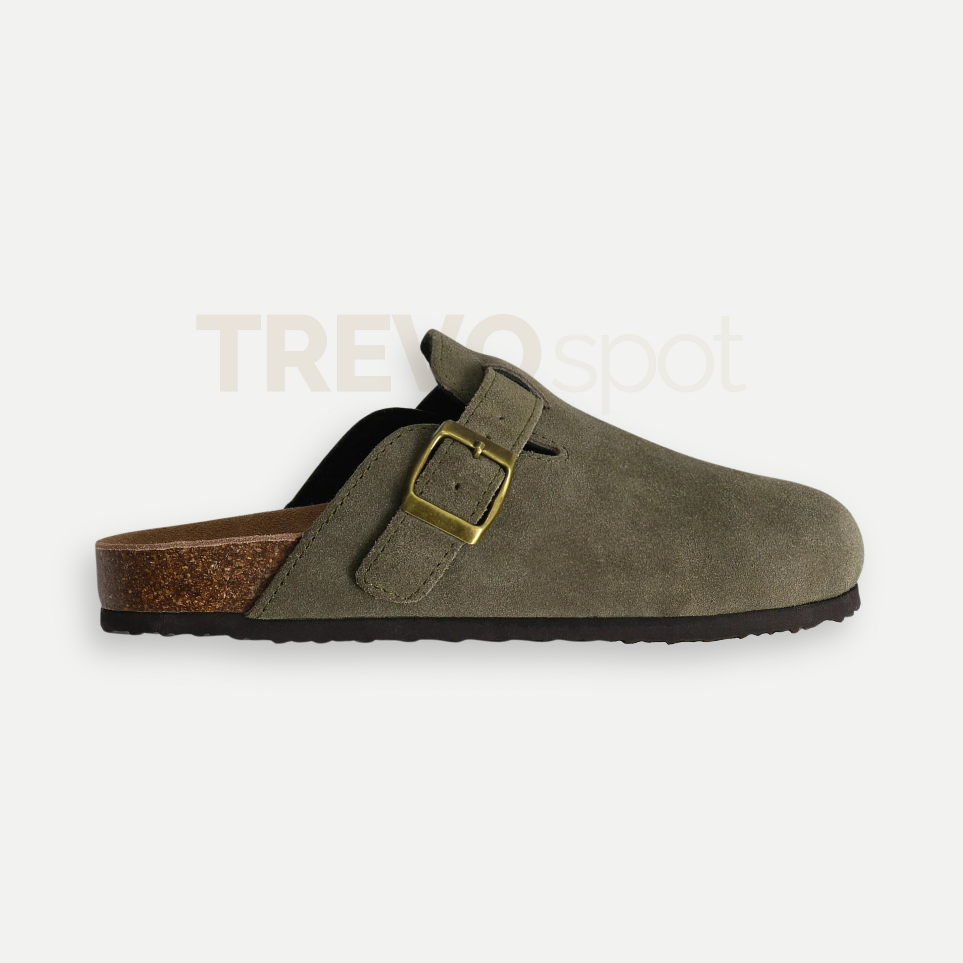 Green Olive Bali Clogs in premium suede with a comfortable cork sole, offering a fresh and stylish look for everyday wear.