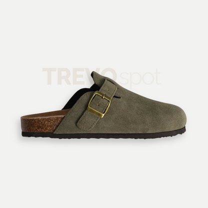 Green Olive Bali Clogs in premium suede with a comfortable cork sole, offering a fresh and stylish look for everyday wear.