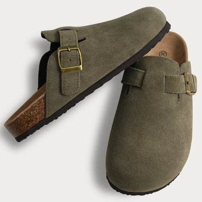 Green Olive Bali Clogs in premium suede with a comfortable cork sole, offering a fresh and stylish look for everyday wear