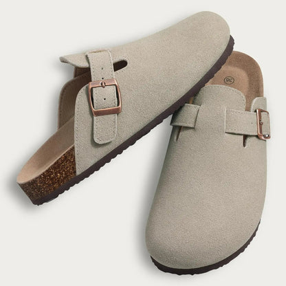 Grey Bali Clogs in premium suede with a comfortable cork sole, designed for versatile style and everyday comfort.