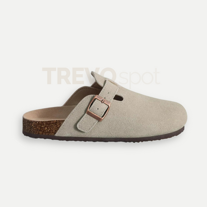 Grey Bali Clogs in premium suede with a comfortable cork sole, designed for versatile style and everyday comfort.